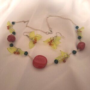 Artisan Kazuri Ceramic Bead Glass Crystal Acrylic Leaves Cherry Jewelry Set